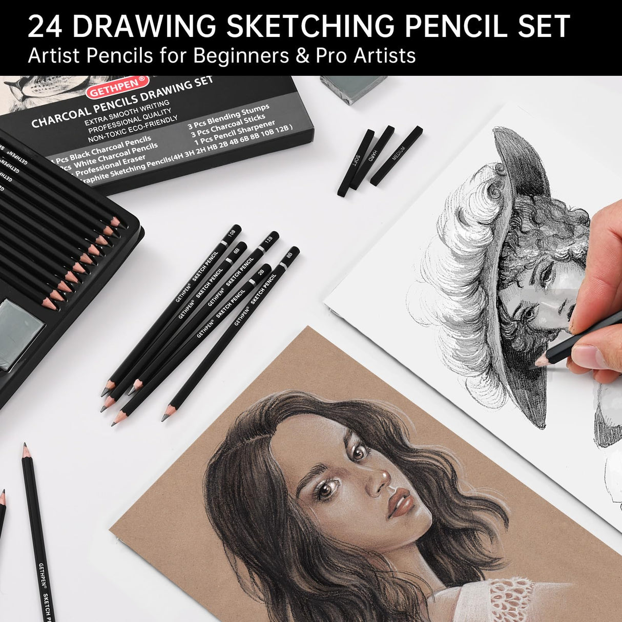 Drawing Sketching Pencil Set, 24 Piece Pro Artist Sketch Kit - Graphite Pencils (12B-4H),Charcoal Pencils for Drawing,Black and White Charcoal Pencils,Charcoal Sticks,Stumps,Eraser,Sharpeners GETHPEN
