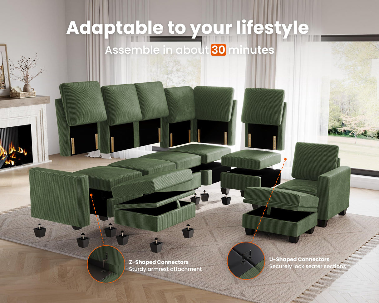 CHIC HOUSE Modular Sectional Sofa Corduroy Couch, Customizable U-Shaped Sofa with Storage Ottoman, Reversible Chaise for Living Room, Oversized L-Shaped Sofa Set (Green, 6 Seater Compact Sleeper) CHIC HOUSE