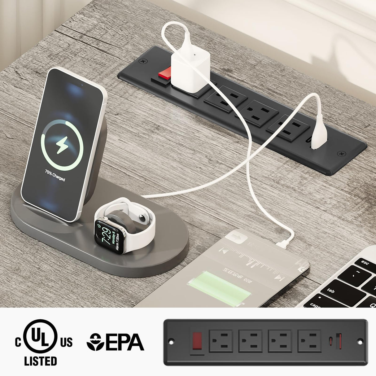 Halitaa Farmhouse 47" Executive Desk, Computer Desk with File Drawer and Charging Station, Workstation for Home Office, Study.Grey Halitaa