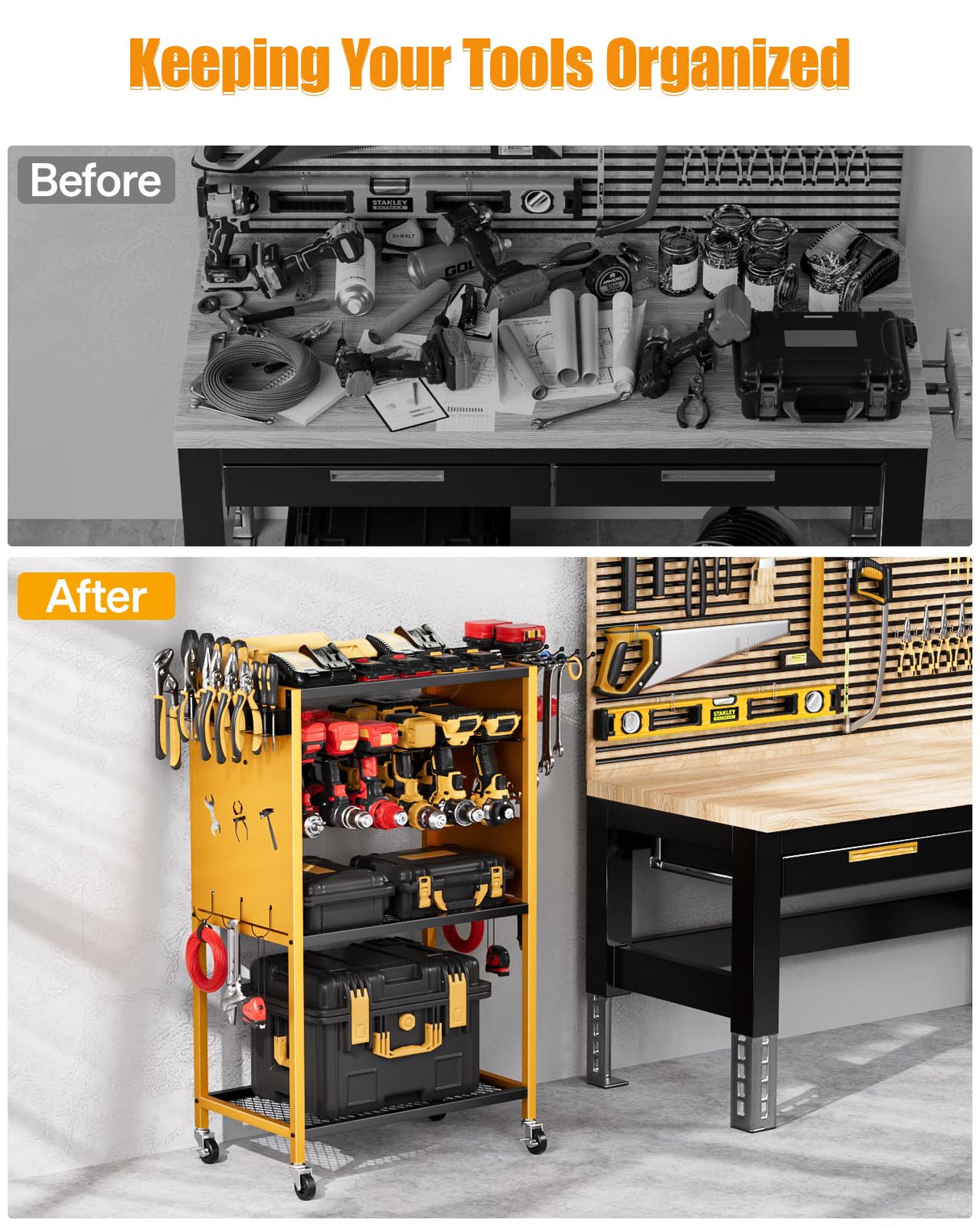 FHXZH Power Tool Organizer with Wheels - Garage Power Tools Storage Cart, Large Rolling Drill Holder Cordless Battery Storage, Heavy Duty Floor Standing Utility Rack Gift for Men, Husband, Father FHXZH