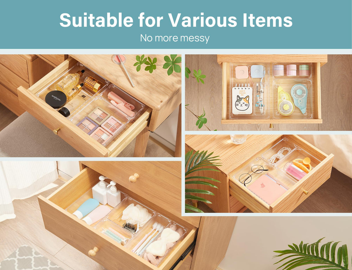 Kootek 9 Pcs Drawer Organizer Set, 4-Size Bathroom Vanity Trays Makeup Desk Dividers Versatile Storage Bins Clear Plastic Container for Dresser, Bedroom, Kitchen, Office Kootek