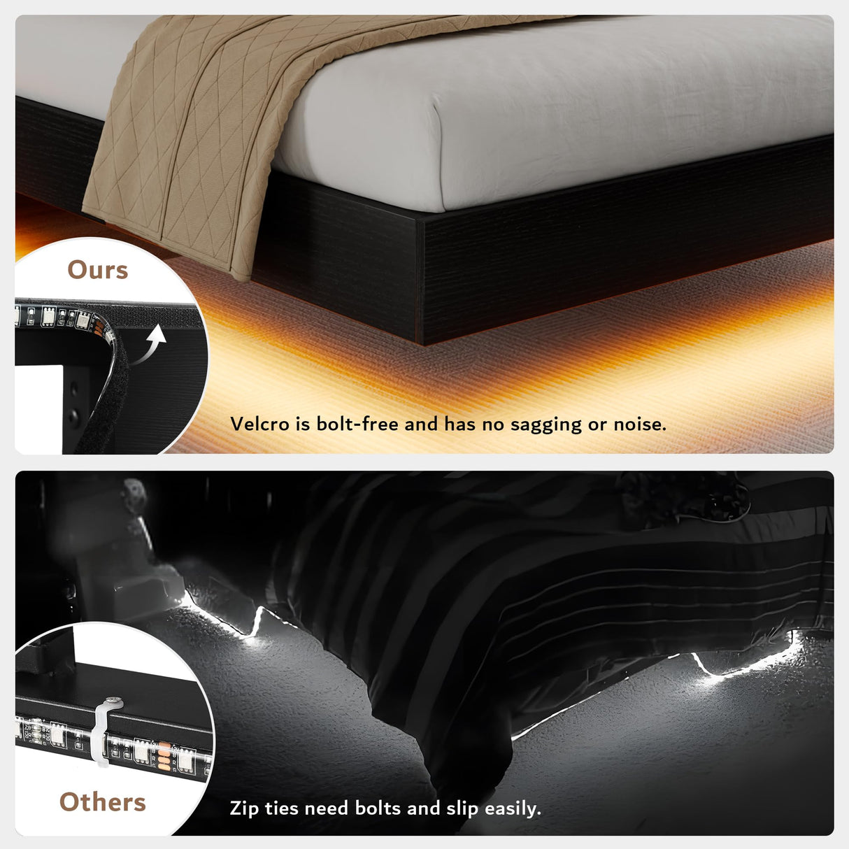 iPormis Floating Full Size Bed Frame with LED Lights & Charging Station, Platform Bed with Wooden Storage Headboard, Steel Slats Support, No Box Spring Needed, Easy Assembly, Noise-Free, Black iPormis