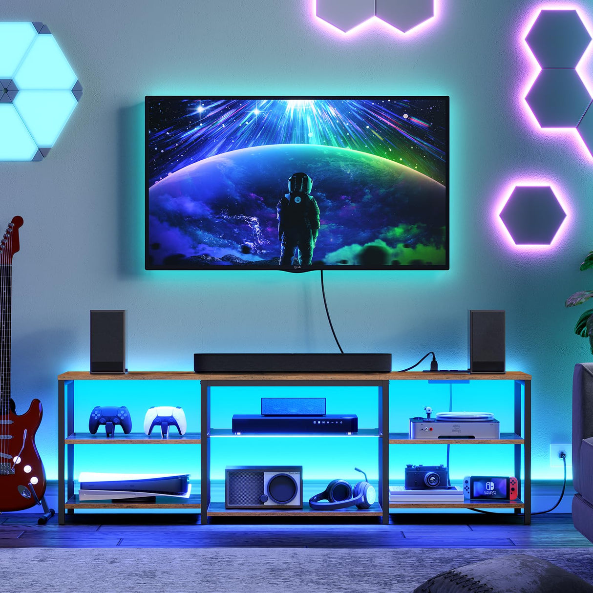 HOOBRO LED TV Stand for 75 Inch TVs with Charging Station, Gaming Entertainment Center with Open Storage, Media TV Console Table, TV Stand for Living Room, Bedroom, Rustic Brown and Black BF21UDDS01 HOOBRO