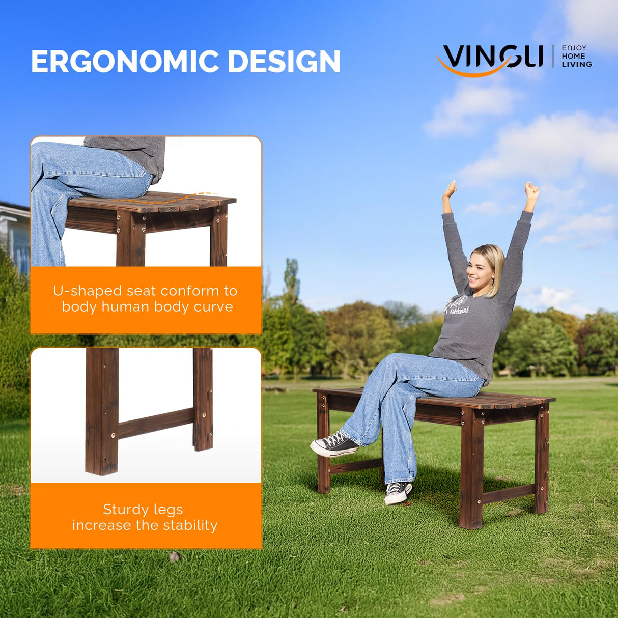 VINGLI Outdoor Wood Bench, 40" Outdoor Bench Patio Wooden Bench Garden Bench Outdoor Backless Bench for Deck Patio (Carbonized) VINGLI