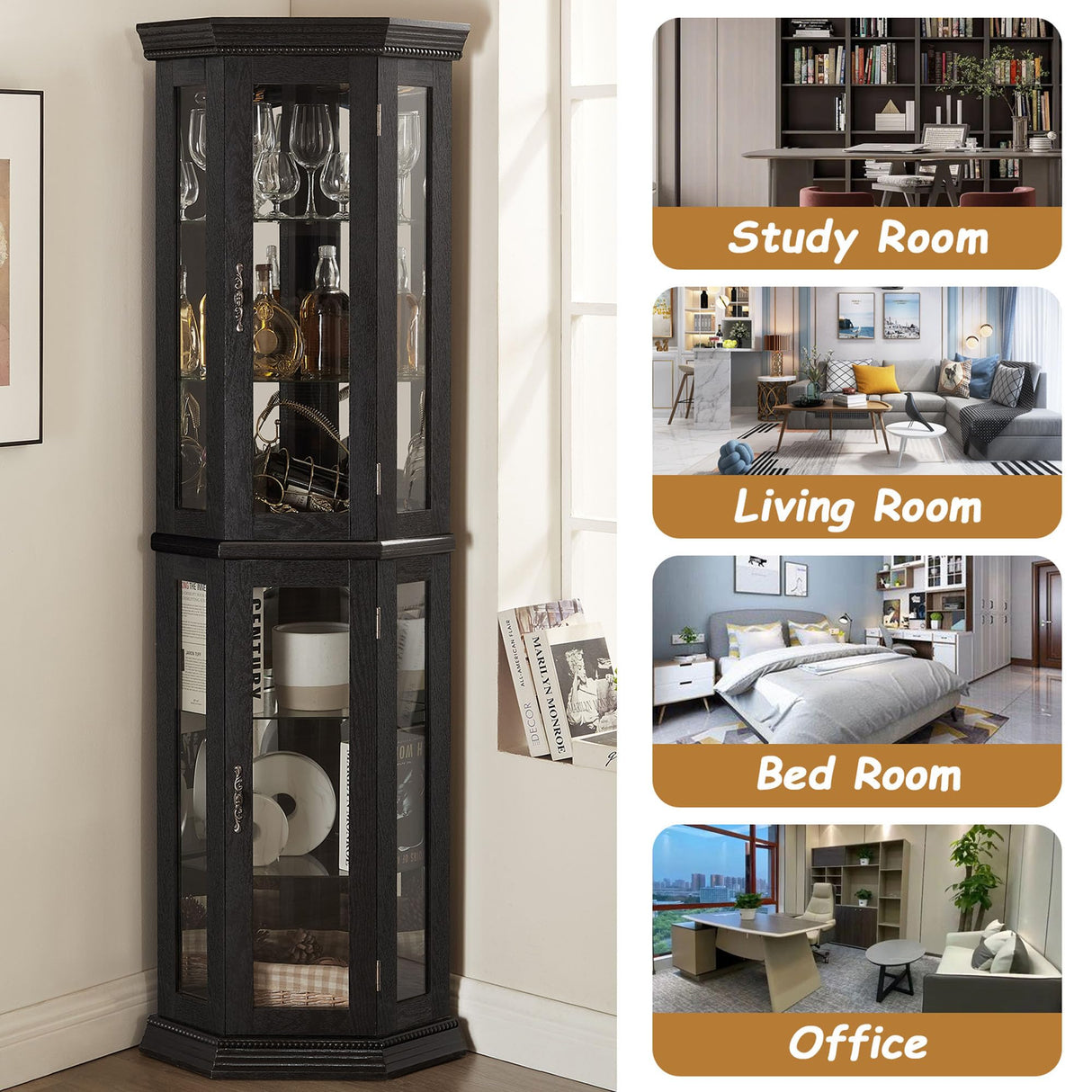 MWrouqfur 70'' Corner Curio Cabinet with Lights, Black Display Cabinet with Glass Doors, Corner China Cabinets with Adjustable Tempered Glass Shelves, Gift to Wife/Friends/Mother (Black) MWrouqfur