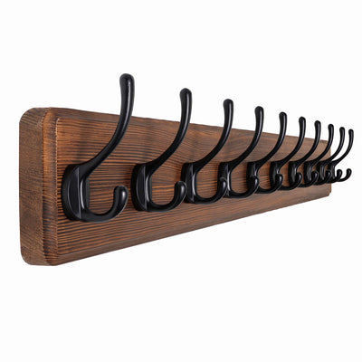 SKOLOO Farmhouse Style Wall Mounted Coat Rack, 38.6'' Pine Solid Wood Coat Hook Hanger - 10 Hooks for Hanging Clothes Robes Towels Coats