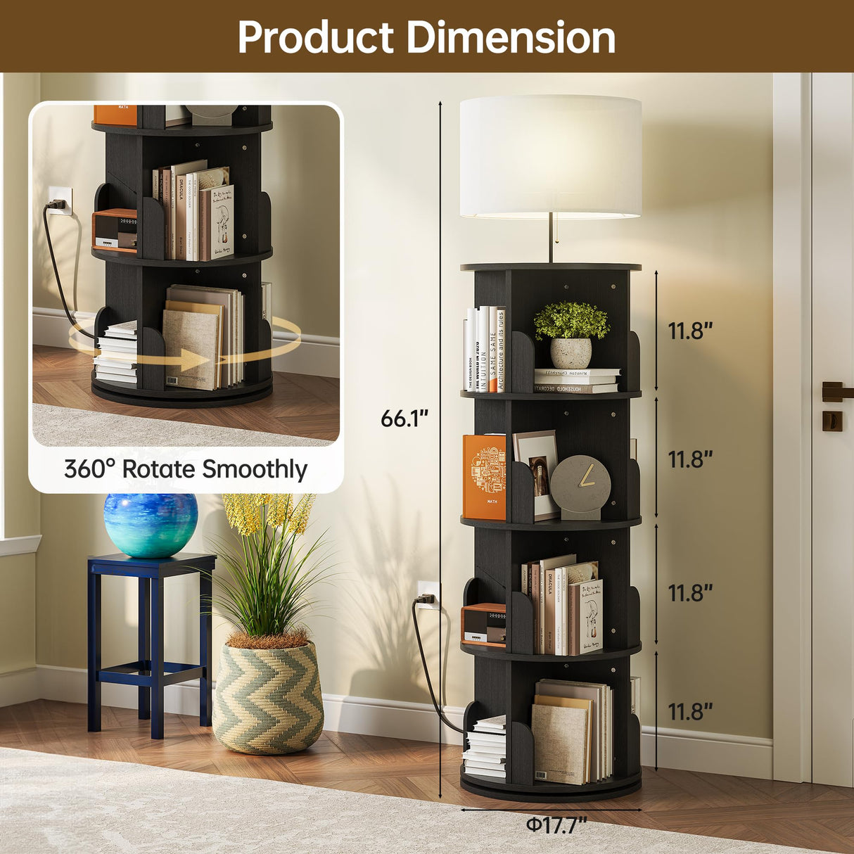 iabifo Black Rotating 4-Tier Bookshelf with Adjustable Lights, 360° Spinning Bookcase Tower, Tall Floor Standing Book Shelf for Bedroom, Living Room iabifo