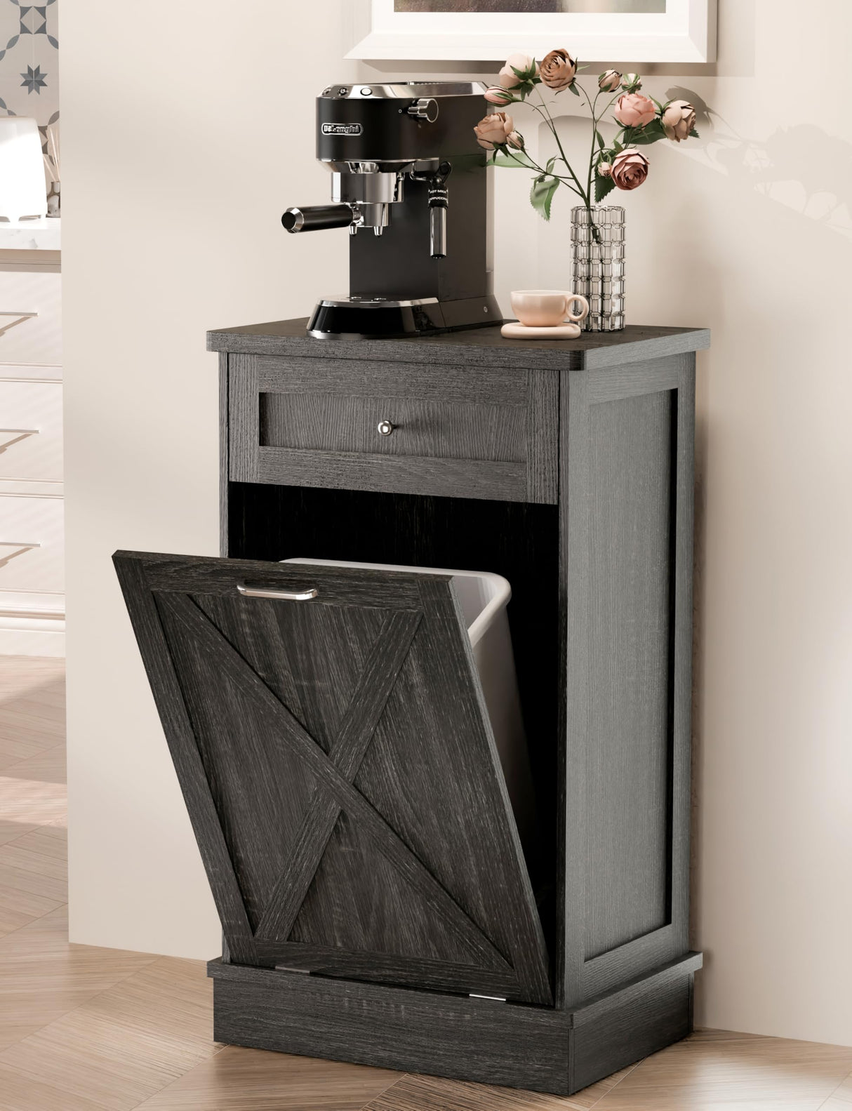 TOLEAD Tilt Out Trash Cabinet,Antique-Style Barn Door Kitchen Island with Solid Wood Tabletop & Drawer, Pet Proof Trash Can, Wood Laundry Cabinet(Oak Grey) TOLEAD