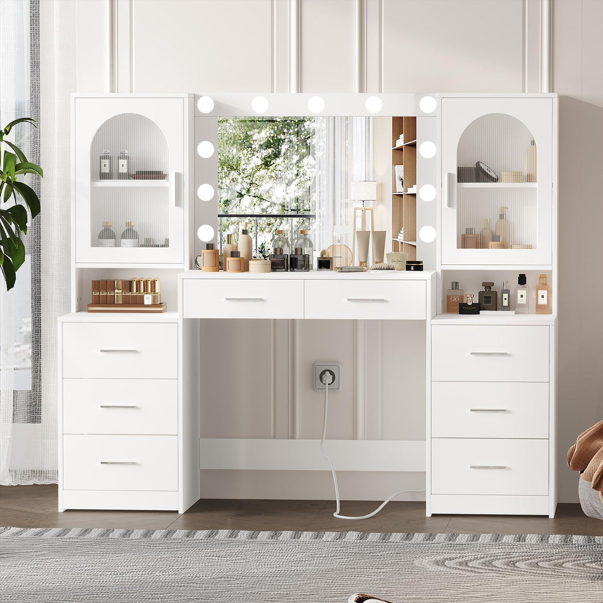 Rovaurx Large Vanity Desk with Mirror & Lights, Large Makeup Vanity Table with Charging Station, Bedroom Makeup Vanity with 8 Drawers and Side Cabinet, 3 LED Light Modes, White RSZT113W Rovaurx