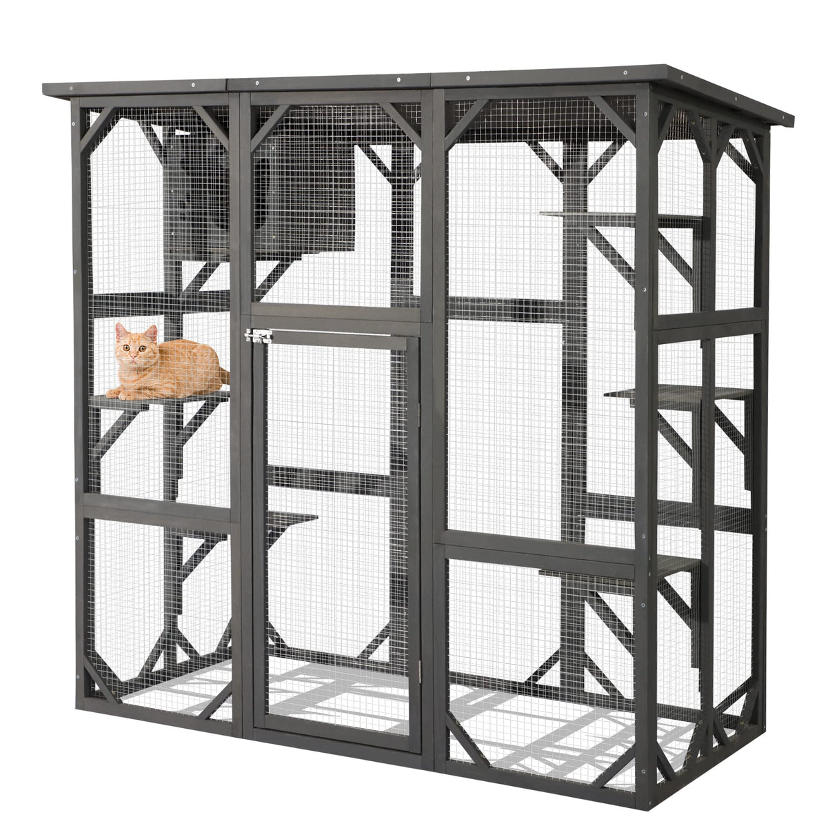 LEISU Large Outdoor Cat House Outdoor Wooden Cat Cage Cat Enclosure with Weatherproof Large Run, Jumping Platforms for Play Catio Cat Patio with Large Entrance Easy to Clean (Dark Grey) LEISU