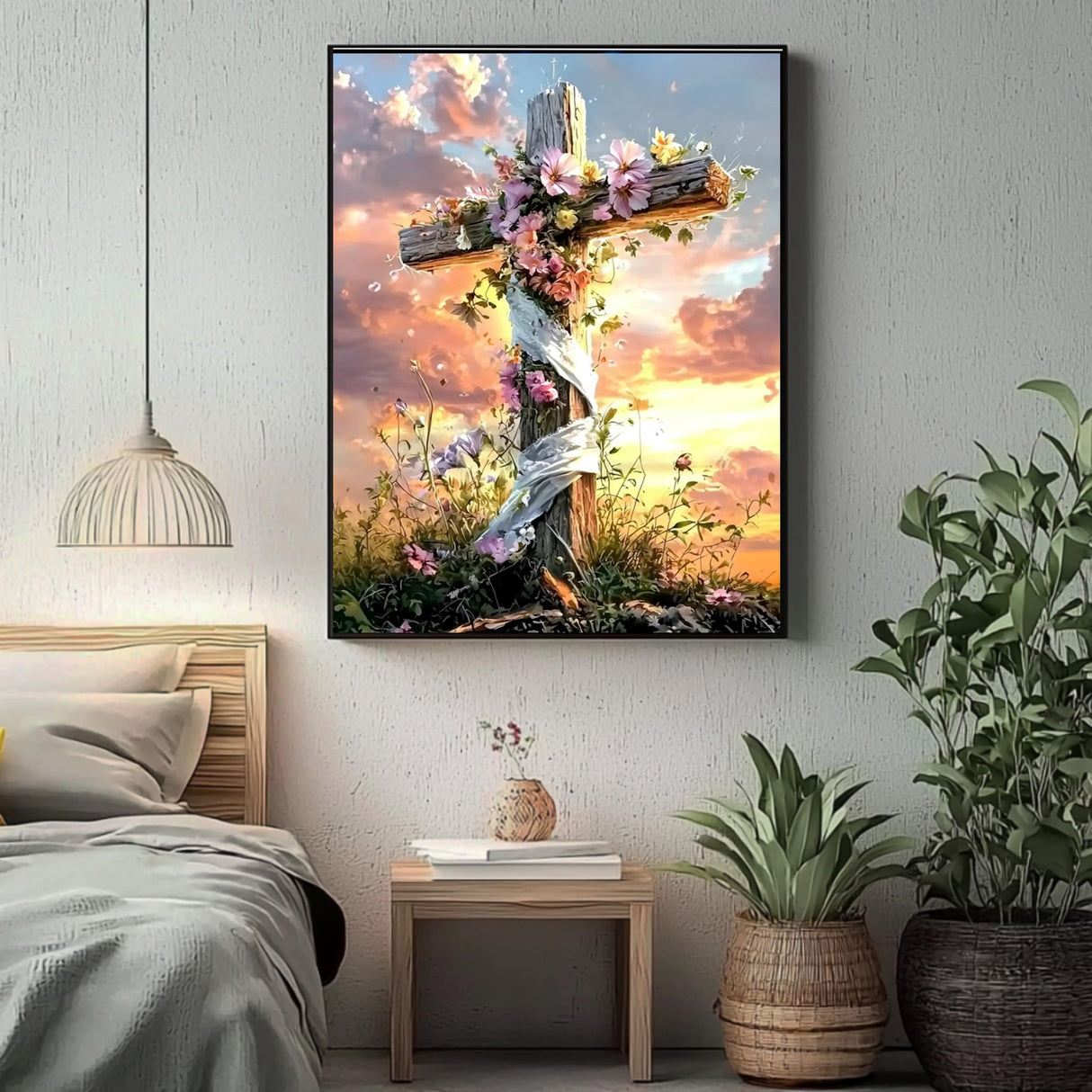 Cross Diamond Art Kits for Adults, Flowers Diamond Painting Kits for Beginners, 5D DIY Sunset Full Drill Round Diamond Painting Gem Art for Adults, Home Wall Decor 12 x 16 Inch Generic