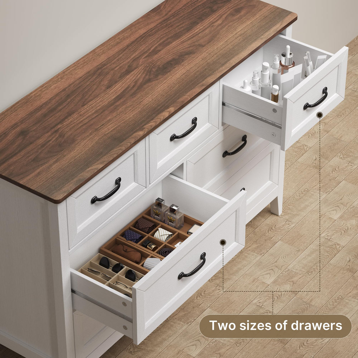 Gizoon Farmhouse 7 Drawers Dresser, White Chest of Drawers with Metal Handles, 47" Wide Wooden Storage Organizer for Bedroom, Hallway, Living Room, Tabletop-Retro Gizoon