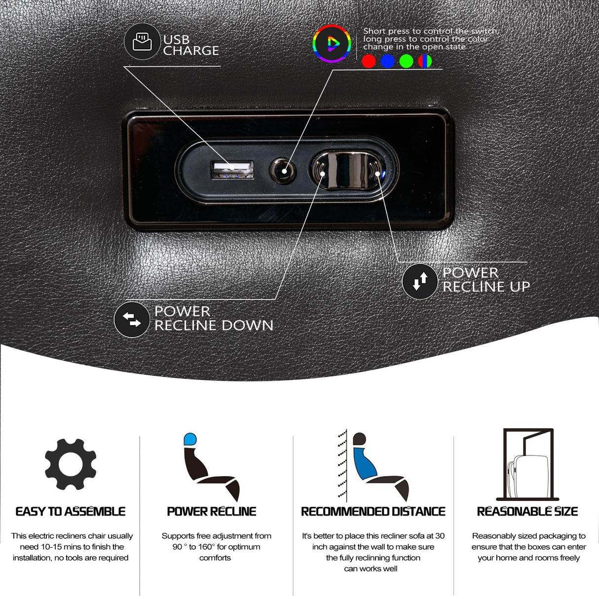 SAMERY Power Loveseat Recliner Sofa with Flip Backrest, Electric Reclining Loveseat Sofa RV Couch 3 Seater with USB Ports/Power Outlets/LED Light/Cup Holders/Pockets/Pillows for Living Room RV SAMERY