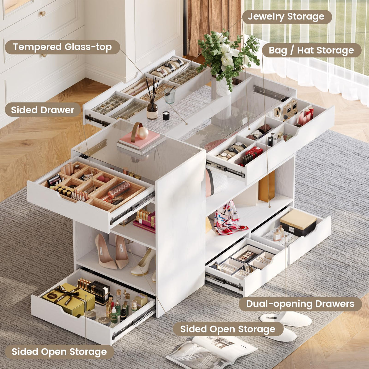 ANCTOR Bedroom Island, 47.4”W Wardrobe Closet Armoire Island with 8 Drawers Glass Top, Jewelry Center Island for Walk in Closet, Dresser for Bedroom Cloakroom Store, White ANCTOR