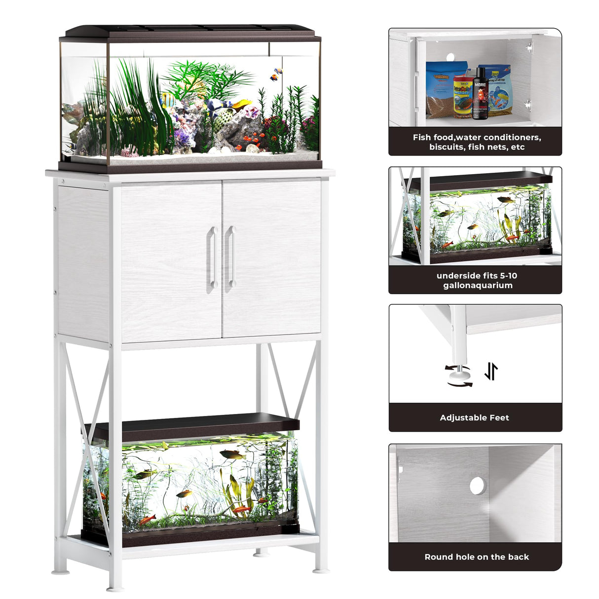Herture 5-10 Gallon Fish Tank Stand, Metal Double Aquarium Stand with Cabinet for Fish Tank Accessories Storage, Heavy Duty 20.5" L* 11.02" W Tabletop, 500LBS Capacity White PG06YGW Herture