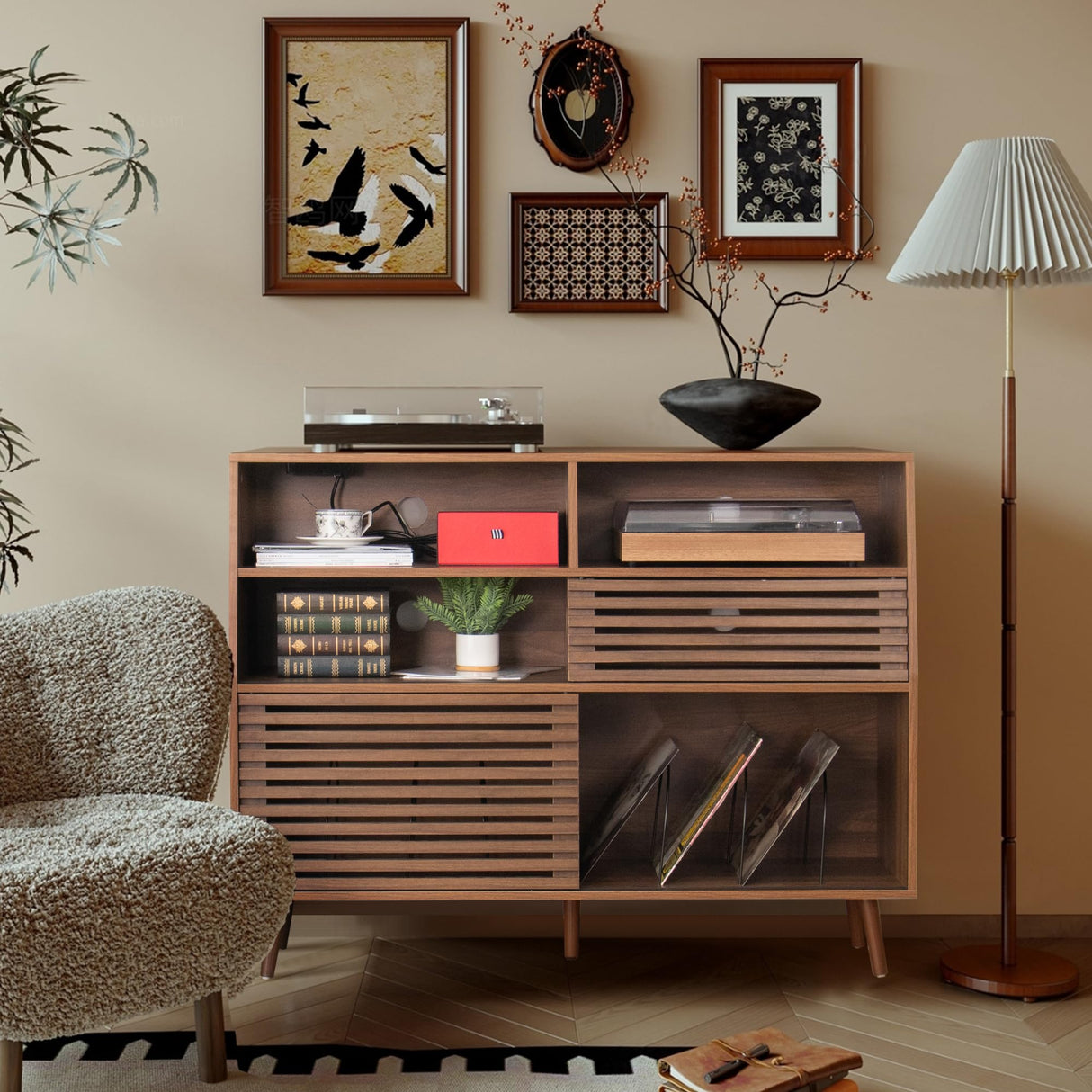 Jluomei Large Record Player Stand, Mid-Century Turntable Stand with Doors and Charging Station Record Player Table Holds Up to 450 Albums Vinyl Storage Display Shelf for Living Room, Walnut Jluomei