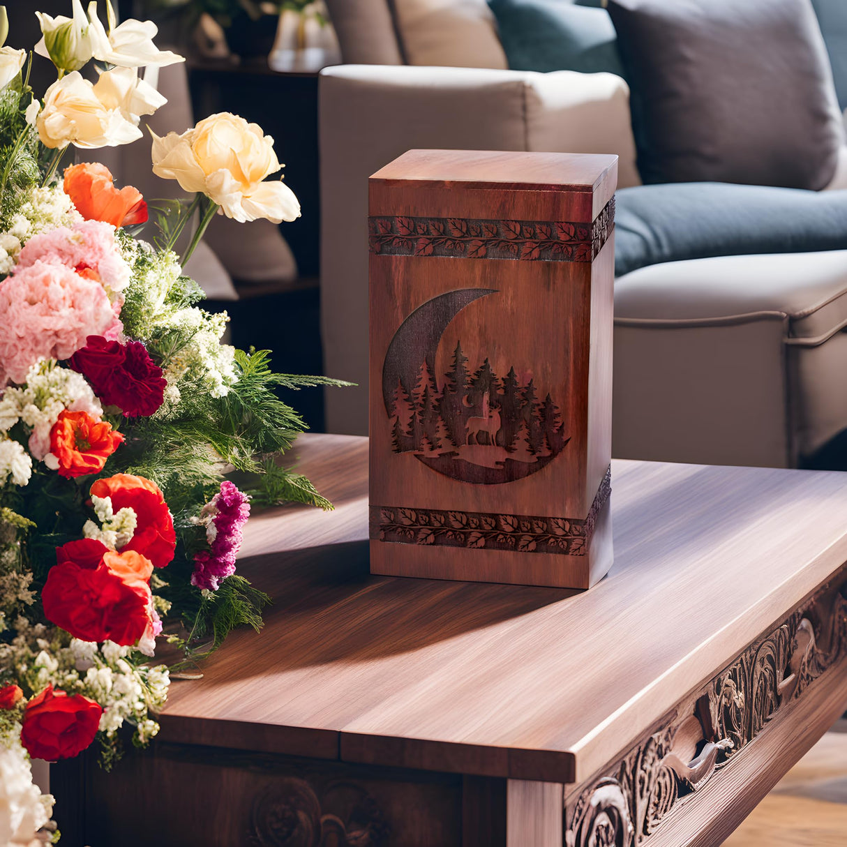 Tamanna crafts Handcrafted Rosewood Urn For Human Ashes - Beautifull Moon And Deer Tree Wooden Box - Cremation Urn For Pets Handmade Burial Urn Box Tamanna crafts