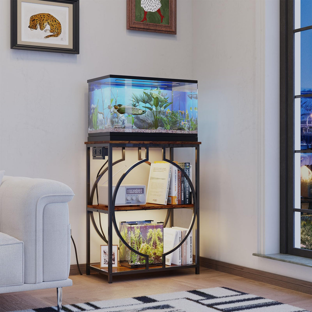 HavenlyYouth 10 Gallon Aquarium Stand with Power Outlet, 3 Tier Heavy Duty Metal Fish Tank Stand with Storage, Fish Tank Table for Home Office, 21.3" x 11.8" x 29", Rustic Brown HavenlyYouth