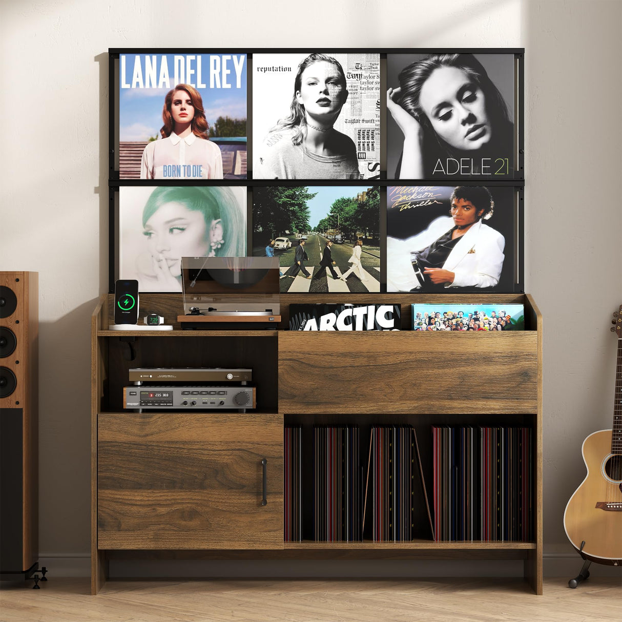 Gyfimoie Upgraded Large Record Player Stand, Mid-Century Turntable Stand with Power Outlet, Large Record Player Table Holds Up to 500 Albums, Vinyl Storage Cabinet Display Shelf for Living Room (Walnut) Gyfimoie