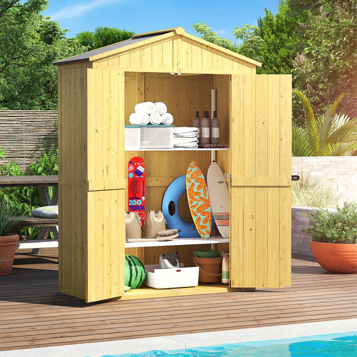 IWDOO Outdoor Storage Shed, 76'' Outdoor Shed Storage Cabinet, Garden Shed, Wood Tool Shed with Lockable Doors and Floor, Waterproof Roof for Yard, Patio, Deck, Porch, Lawn IWDOO