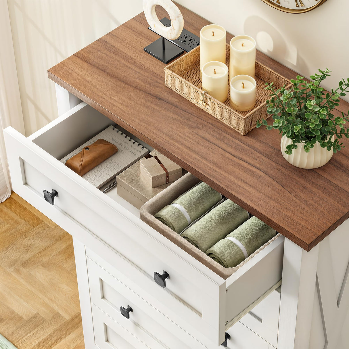 DWVO Farmhouse 5 Drawer Dresser for Bedroom with Power Outlets, Modern Tall Nightstand with Deep Drawers, Wood White Closet Dresser for Living Room, Entryway, Hallway DWVO