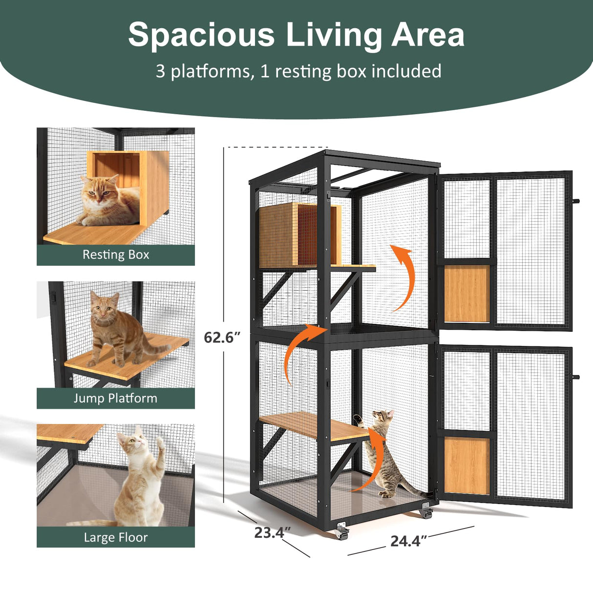 TIMHAKA Cat Catio Outdoor Enclosure, 4 Tiers Cat Playen Catio with Wheels, Resting Box, Sunshine Panel Waterproof Roof, Large Pet House Cage with Removable Wood Bottom and Easy Clean PVC Layer, Black TIMHAKA