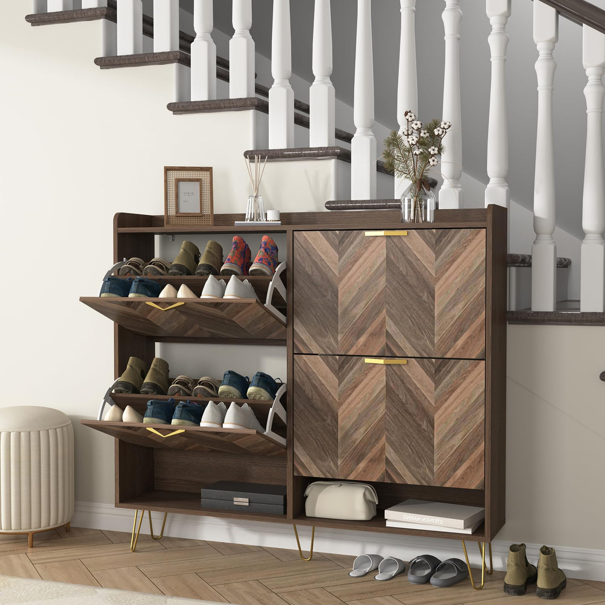 Vibe & Dine 4 Flip Drawer Shoe Cabinet, Mid Century Modern Shoe Organizer with Bottom Cubby, Hidden Shoe Cabinet with 2 Hooks, Freestanding Narrow Slim Shoe Rack Cabinet for Entryway, Foyer, Hallway Vibe & Dine