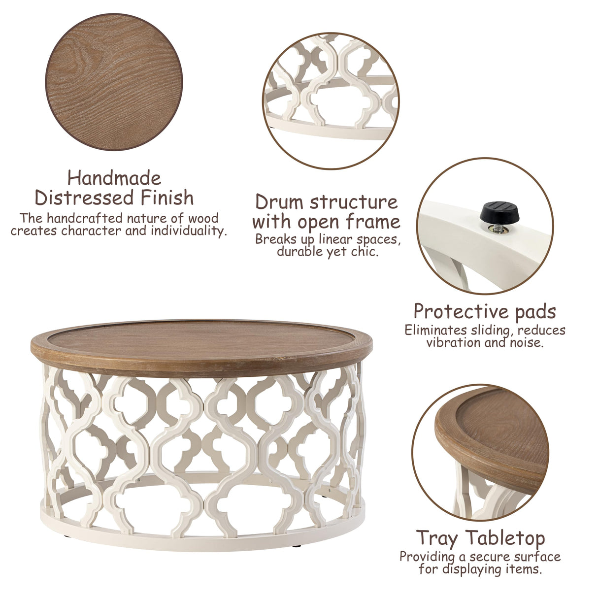 COZAYH Farmhouse Coffee Table, Distressed Tray Top Table with Curved Motif Frame Base for Boho, Rustic, French Country Decor, Round, White COZAYH