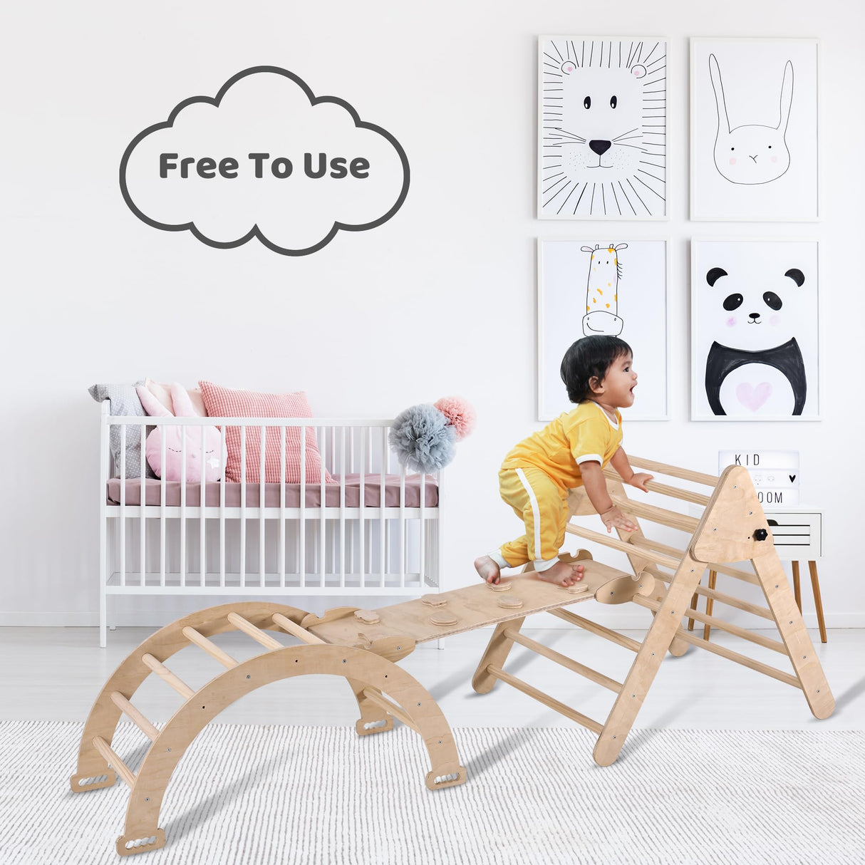 Agiyimi 4 in 1 Pikler Triangle Climber, Foldable Wooden Triangle Ladder Montessori Climbing Toys with Ramp Arch Climber Rocker Indoor Outdoor Gym Playground Climbing Toys for Toddlers(Natural) Agiyimi