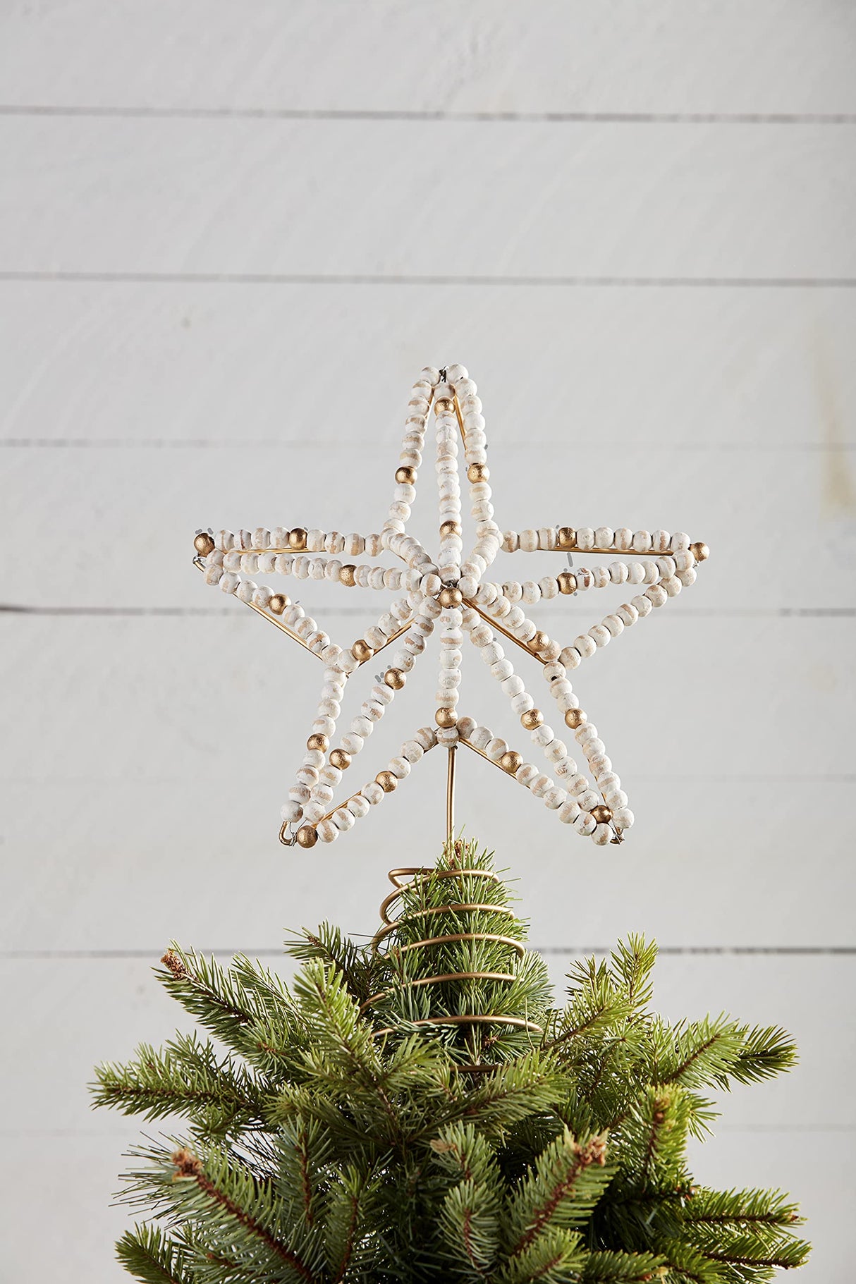 Mud Pie Beaded Star Tree Topper, 13.5" x 10", White, Gold Mud Pie
