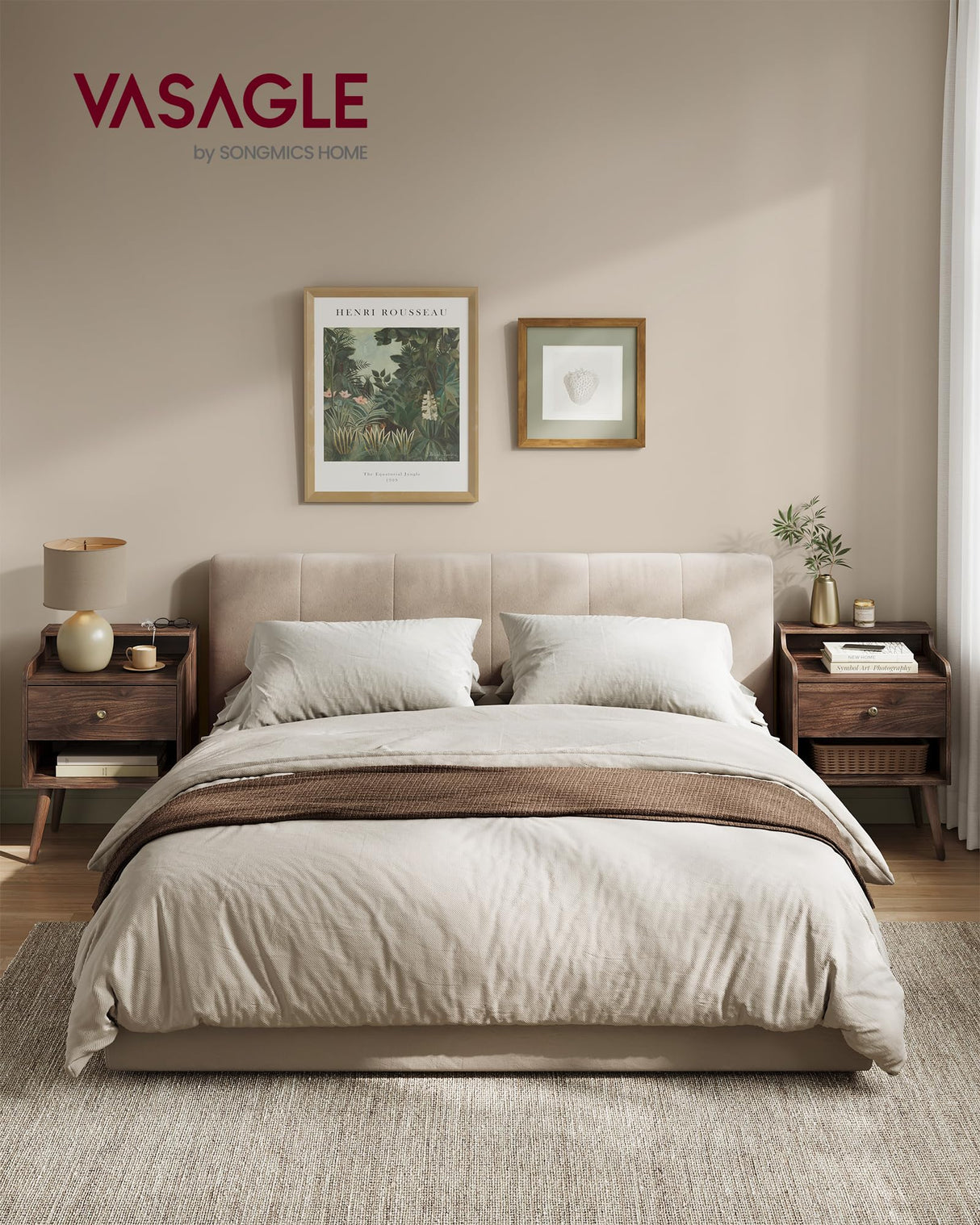 VASAGLE Nightstands, Set of 2, Bedside Tables with Hidden Drawers, Mid-Century End Tables with Solid Wood Legs, Side Tables for Bedroom, Natural Walnut ULET624K01 VASAGLE