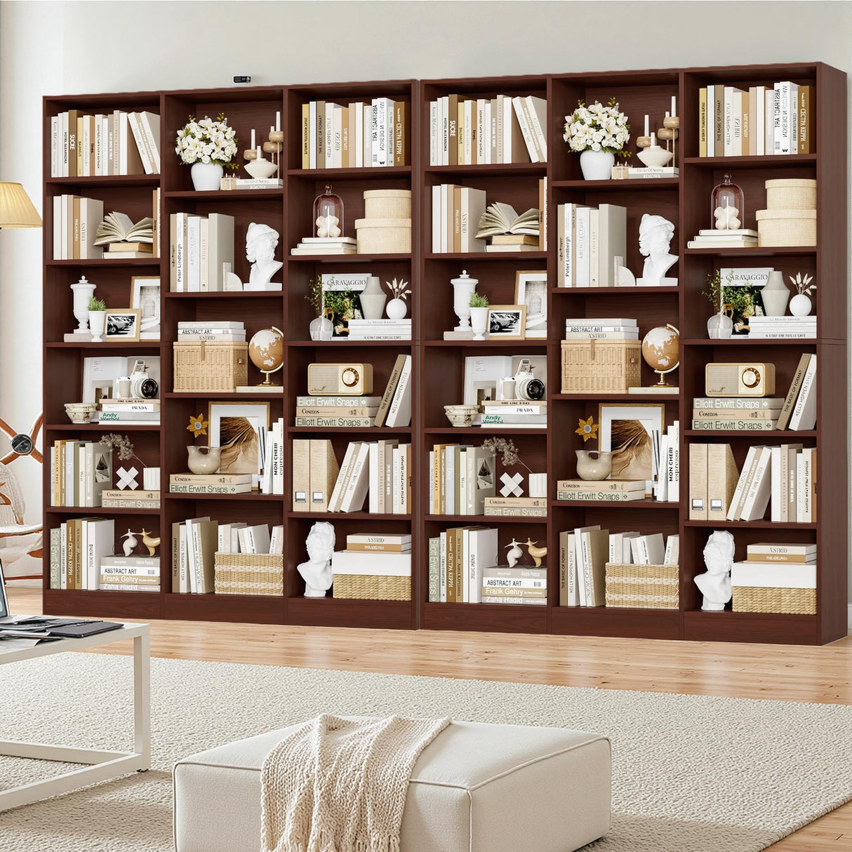 FACBOTALL Triple Wide Bookshelf, 6 Tier Large Bookshelf, Bookcase with 17 Open Display Shelves, 74'' Tall Bookcases and Bookshelves for Living Room, Home Office, Library, Cherry FACBOTALL