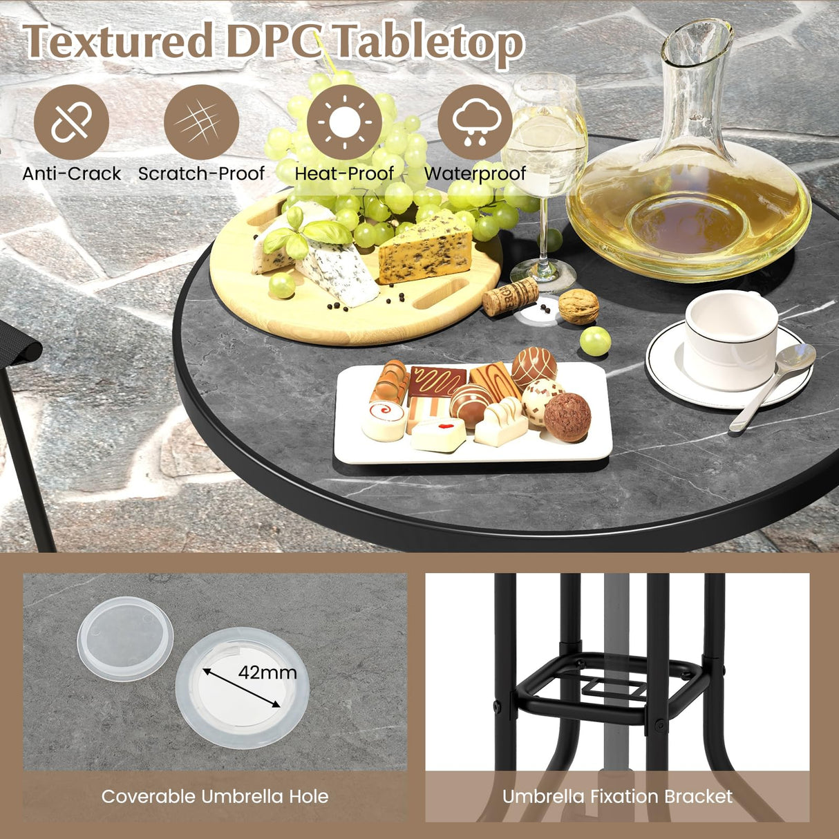 COSTWAY 3 PCS Patio Table and Chairs Set, Bistro Furniture with DPC Tabletop, Umbrella Hole, Outdoor Bar Set with Round Table and 2 Folding Counter Height Chairs for Poolside, Deck, Porch, Black COSTWAY