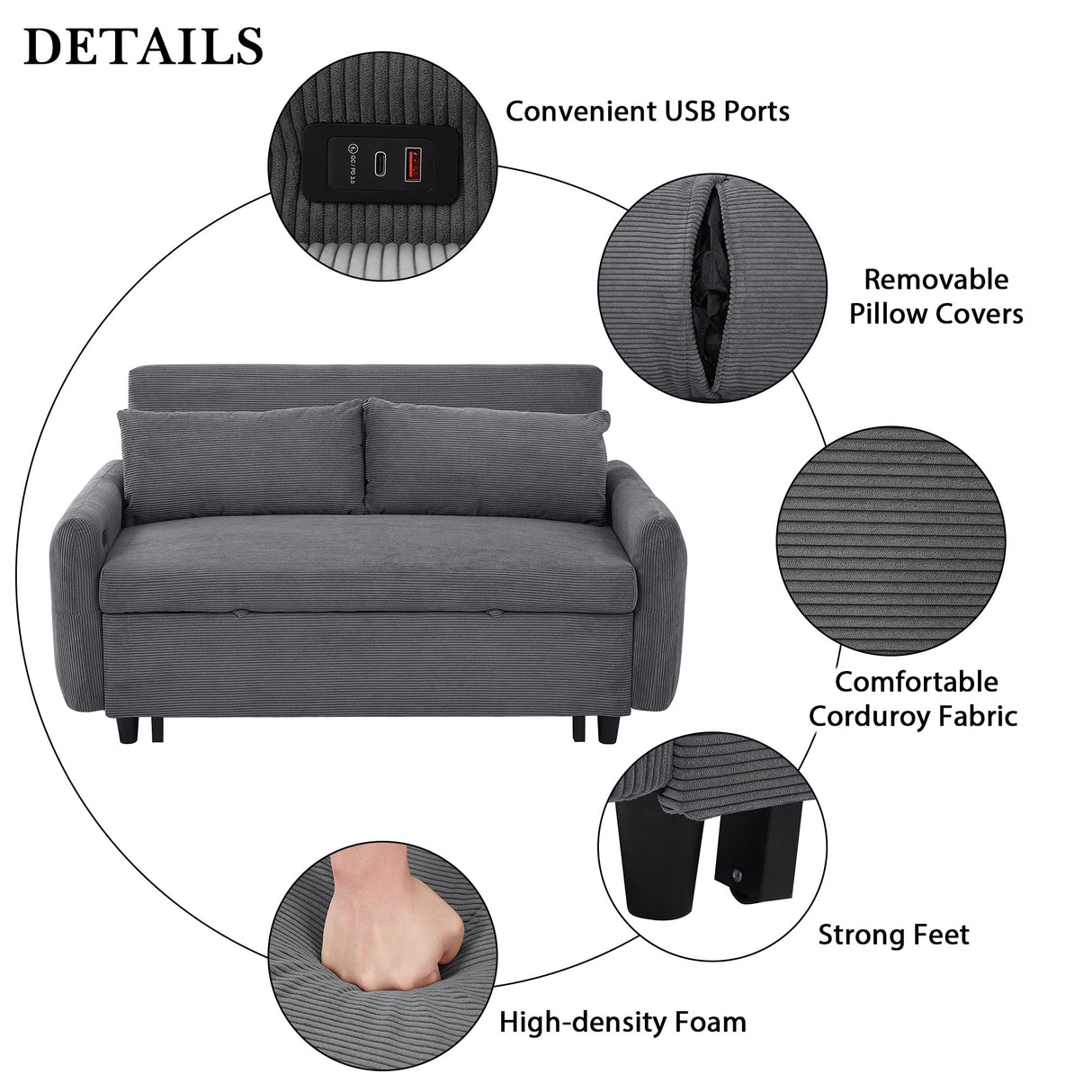 Merax Pull-Out Sofa Bed with Adjustable Backrest and Two Throw Pillows, 2 Seat Loveseat Lounge & Type C and USB Ports, 3 in 1 Convertible Sleeper Couch for Living Room, Dark Grey Merax