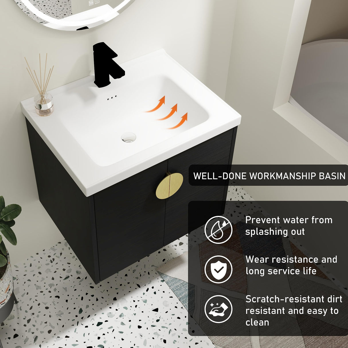 SSLine Modern 24" Floating Bathroom Vanity with Sink Wall Mounted Bathroom Vanity with Top Basin & Storage Cabinet Luxury Black Wood Hanging Vanity w/Ceramic Sink & Gold Handles for Small Space SSLine