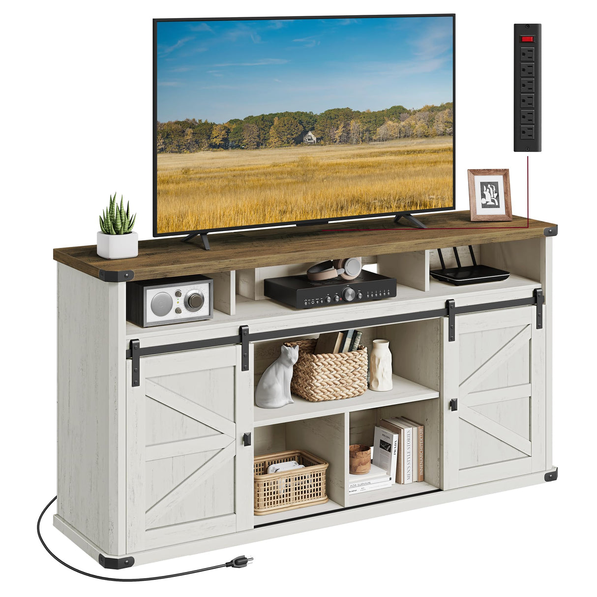 VASAGLE TV Stand for TVs up to 65 Inches, Farmhouse Entertainment Center with Sliding Barn Doors, TV Console Table for Living Room, Rustic White and Honey Brown ULTV322W73 VASAGLE