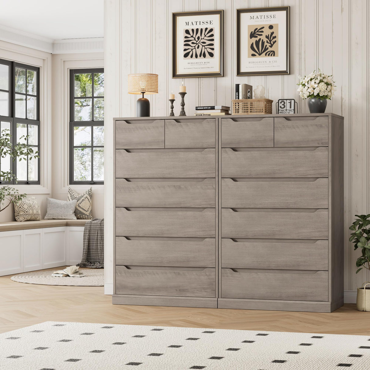 HITHOS 51" Tall 7 Drawers Dresser, Modern Grey Dresser, Wood Dressers & Chests of Drawers with Cut-Out Handles, Upright Drawer Chest, Accent Vertical Dressers Storage Cabinet for Living Room, Ash Gray HITHOS