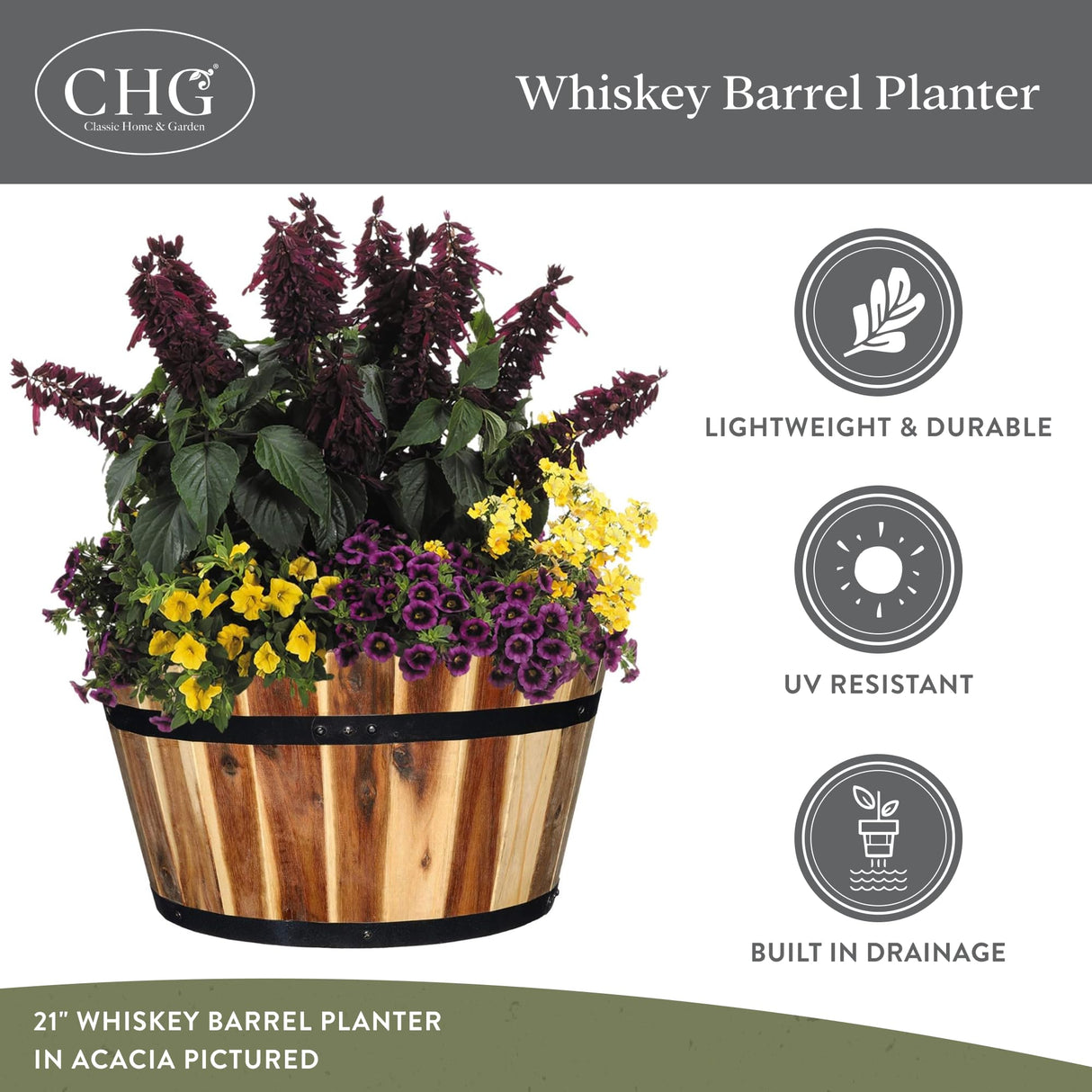 Classic Home and Garden Acacia Wood Whiskey Barrel Planter with Black Metal Band, 21in D x 12.5in H Classic Home & Garden