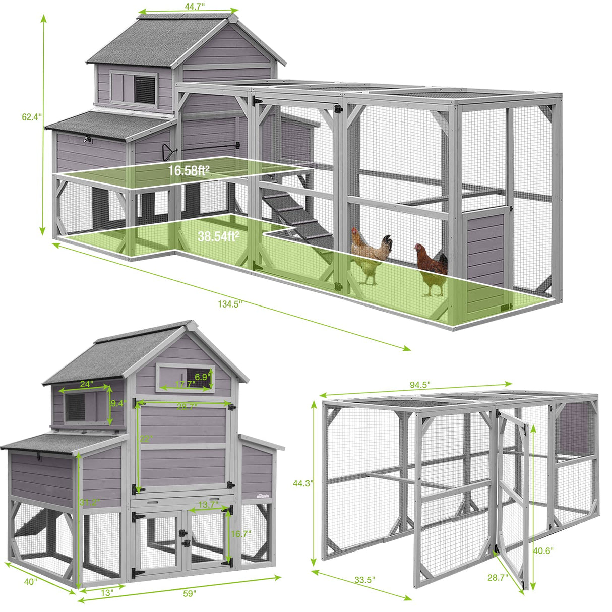 Chicken Coop 55ft² Large Chicken House with Run Wooden Hen House Poultry Cage with 6 Large Nesting Boxes,10-15 Chickens GUTINNEEN