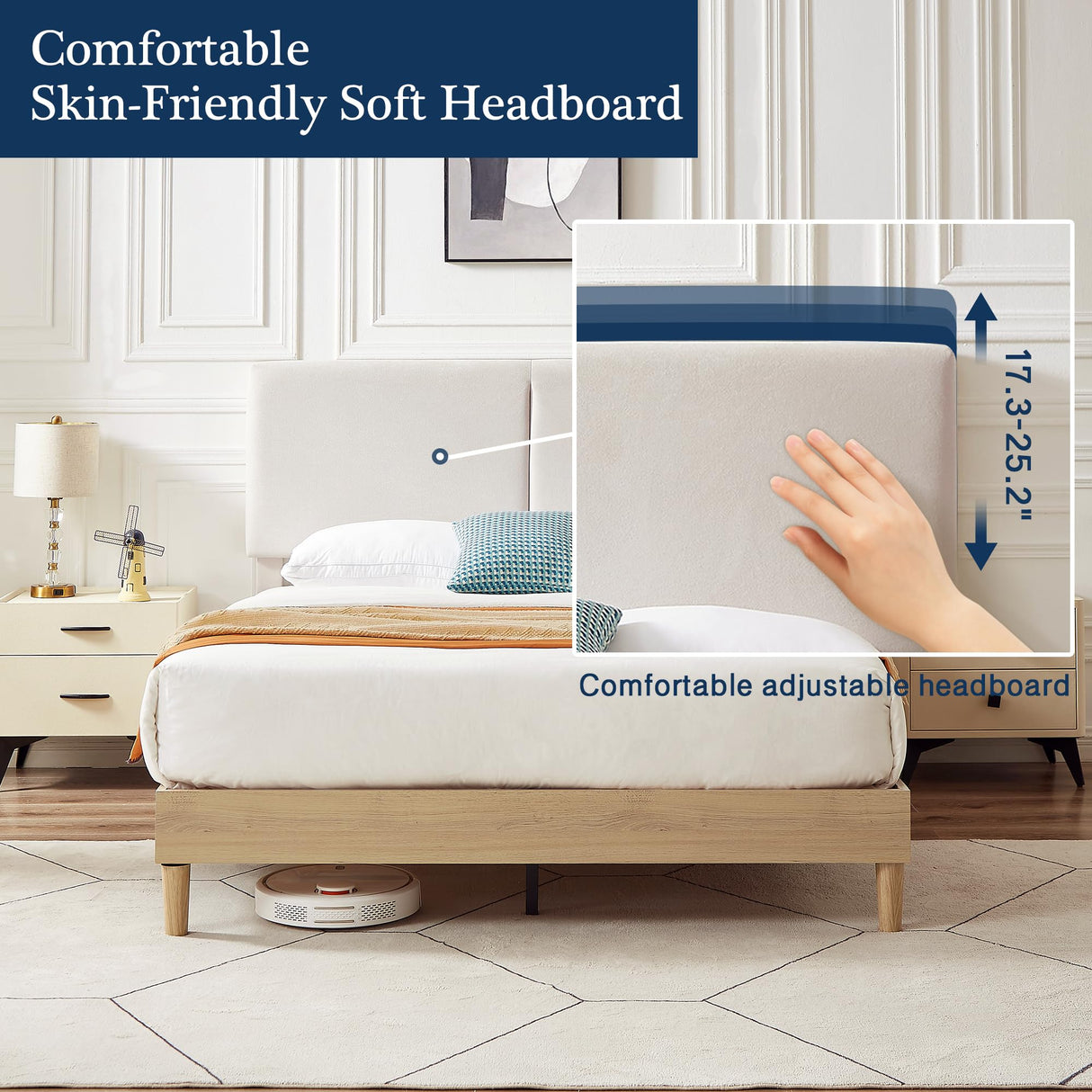 VECELO Adjustable Upholstered Full Bed Frame with Heavy-Duty Slats and Noise-Free Design VECELO