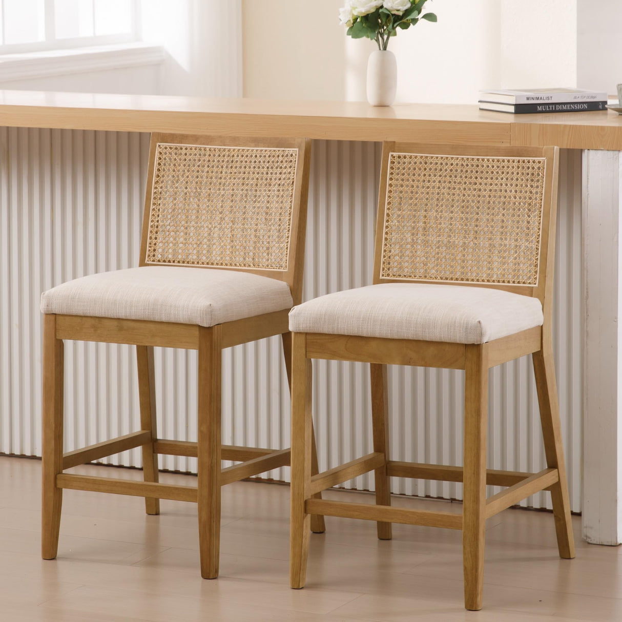 BESTANO Rattan Counter Stools Set of 4, 26 Inches Modern Counter Height Bar Stools Farmhouse Wooden Barstools with Back, Boho Linen Fabric Upholstered Kitchen Island Chairs, Cream BESTANO