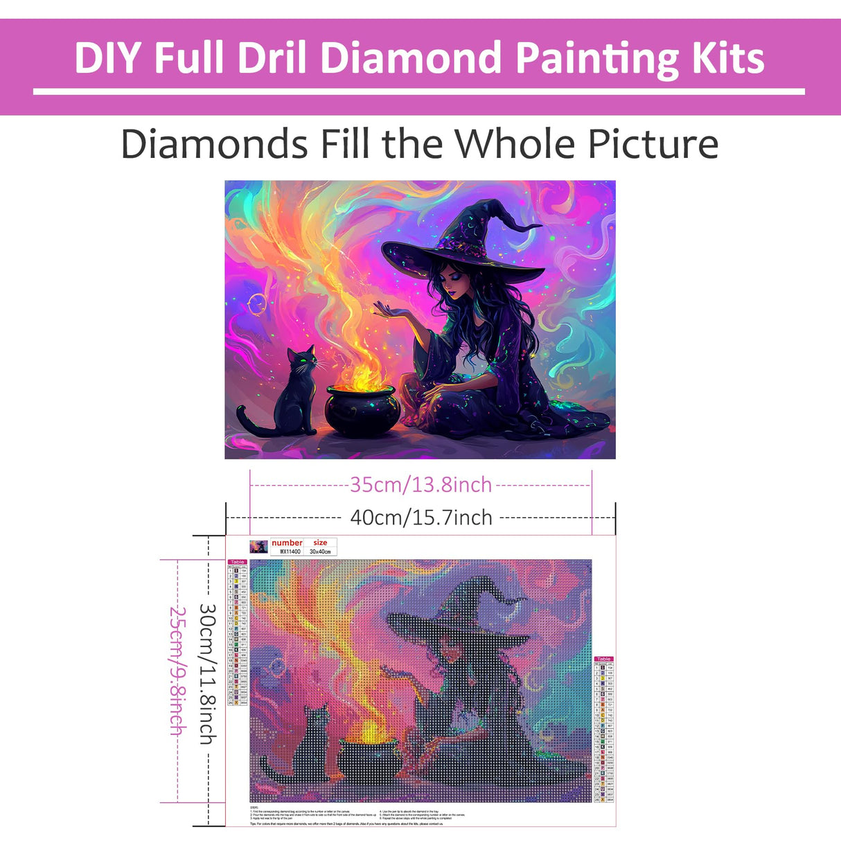 HEIBAGO Halloween Witch Diamond Art Kits for Adults, 5D Full Drill Round Black Cat Painting Gems with Magic Witch Diamond Painting, Diamond Dots Perfect for Home Wall Decor 12x16inch HEIBAGO