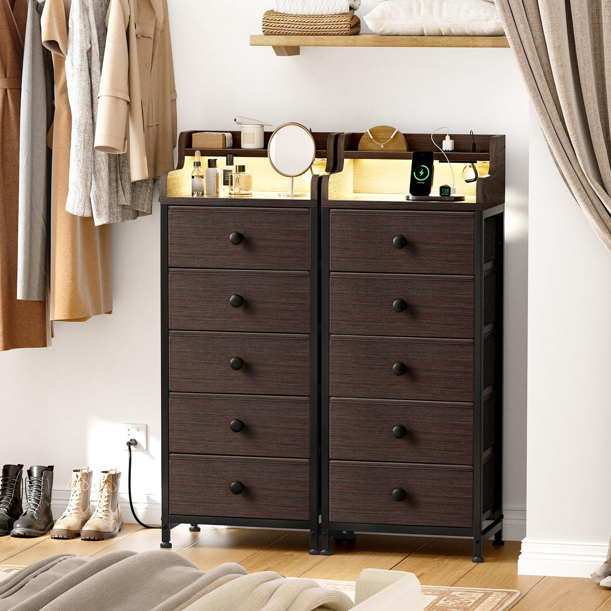 REAHOME 5 Drawer Dresser for Bedroom with Charging Station and LED Lights, Brown Chest of Drawers with Shelves, Tall Night Stand with Sturdy Steel Frame & Wood Top for Bedroom - Brown REAHOME