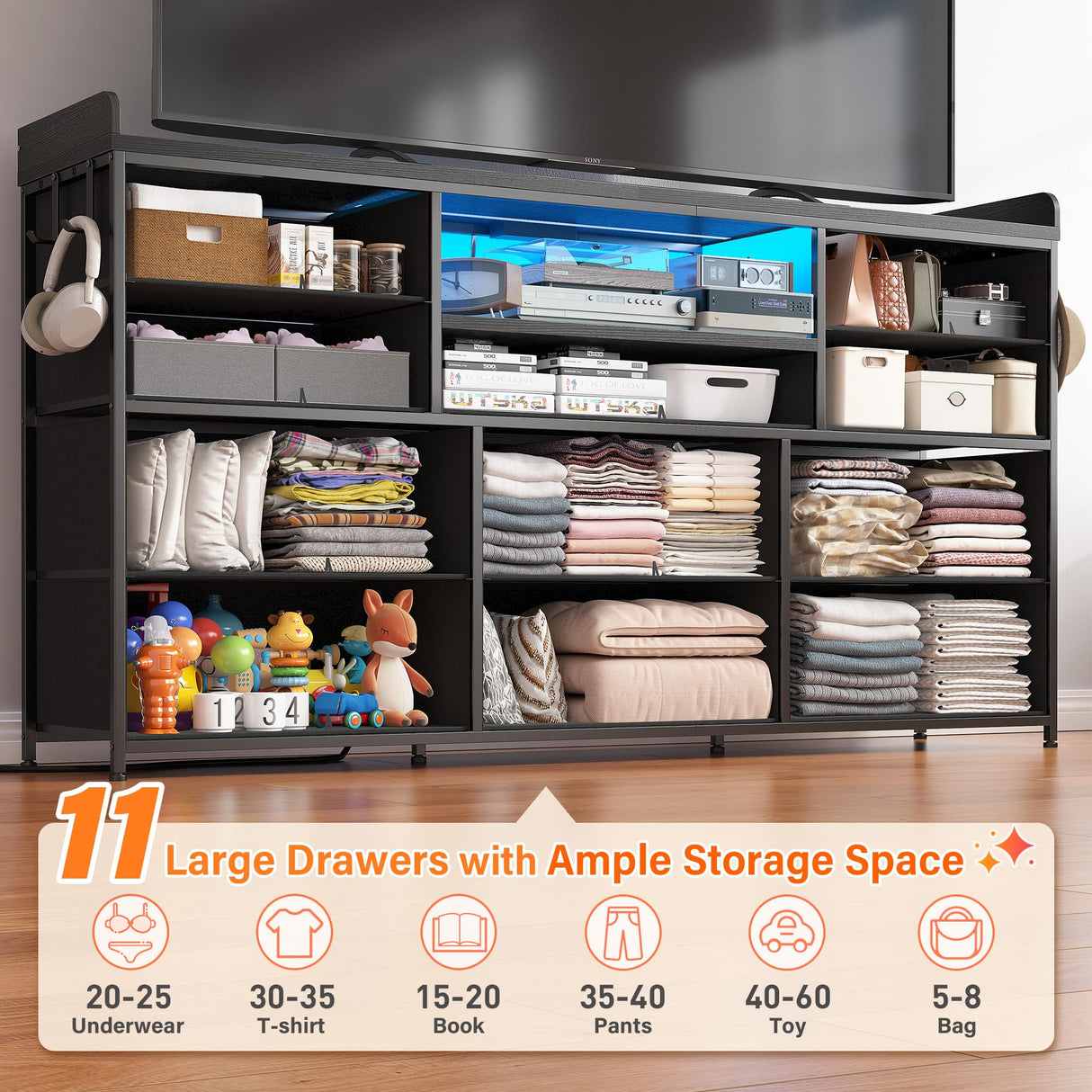 EnHomee Dresser TV Stand with 11 Drawers for 60" TV Stand for Bedroom with LED Lights & Power Outlets Long Dresser for Bedroom with Shelves & 4 Hooks Sturdy Metal Frame & Wood Top, Charcoal Black EnHomee