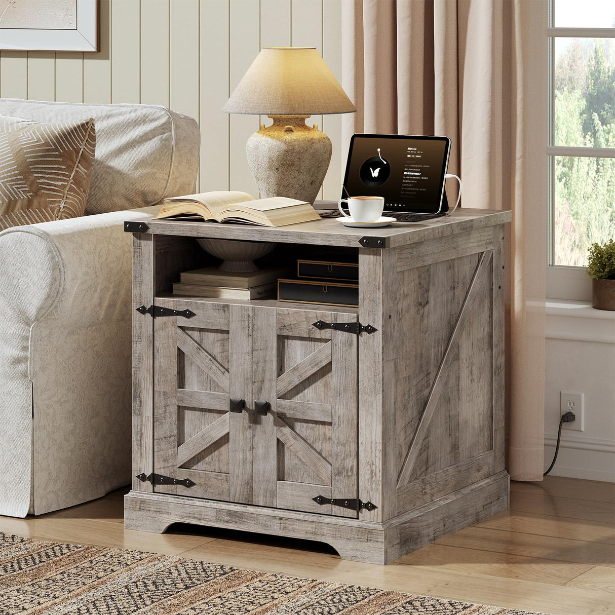 HOOBRO Farmhouse End Table Set of 2, Flip Top Large End Table with Charging Station, 23.6" Large Sofa Side Table with Barn Door, Square Nightstand with Open Storage, for Living Room, Greige HOOBRO