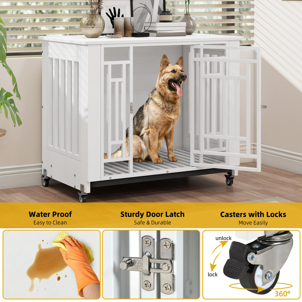 DWVO Dog Crate Furniture with Wheels, 32 Inch Dog Kennel Indoor Heavy Duty End Table Dog Crate for Small Medium Dogs, Decorative Wooden Dog Cage Table with Removable Tray, Chew-Resistant, White DWVO