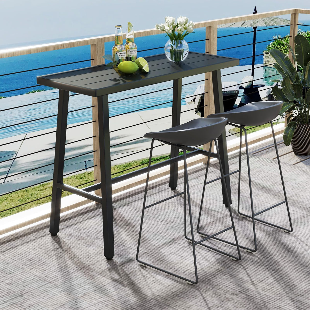 COSTWAY 36" Outdoor Bar Table, Rectangular High Pub Table with Adjustable Foot Pads, Patio Counter Height Dining Table for Balcony, Backyard, Indoor, Black COSTWAY