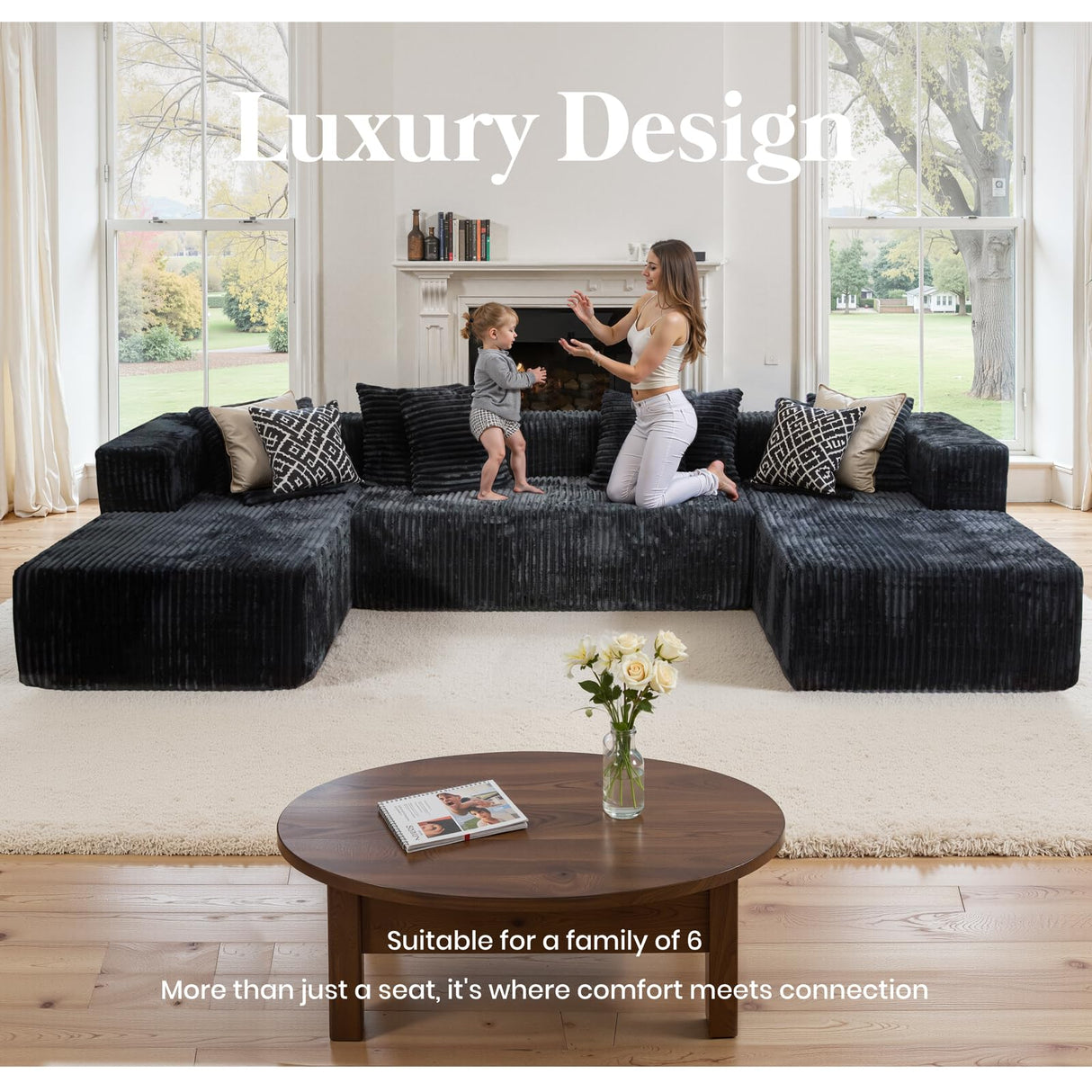 130'' U Shaped Sectional Couches for Living Room, Modular Boneless Cloud Sofa with 2 Chaise Lounges, 4-in-1 Flexible Combination Layered Foam Cushion Deep Seat Corner Couch, No Assembly Black Kelyda