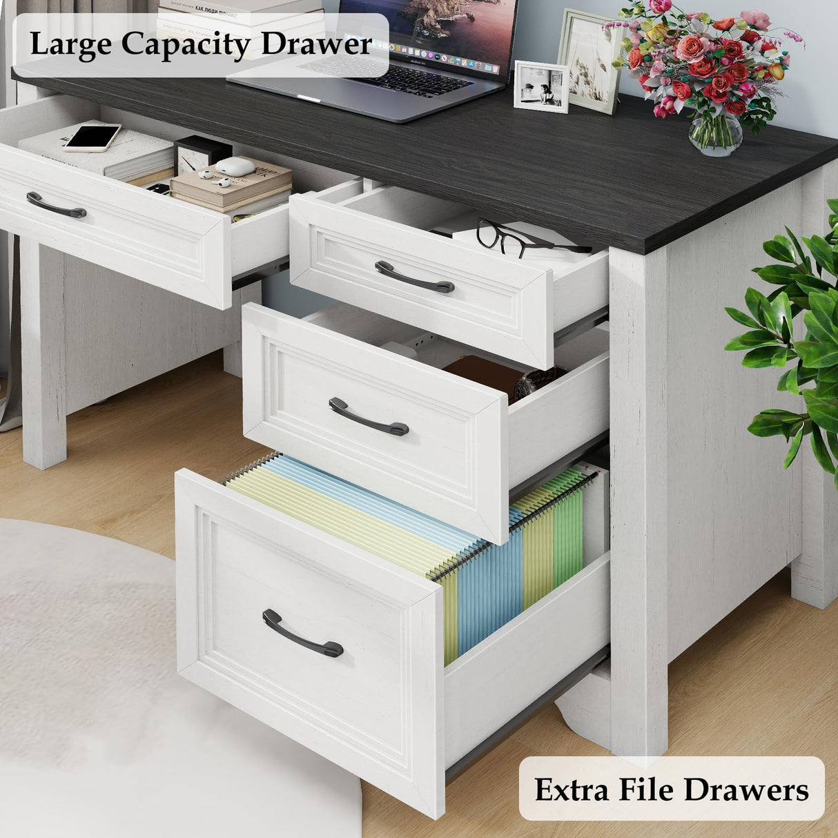 Halitaa Farmhouse Executive Desk with Drawers, Wood Computer Desk with Ample File Drawer, Rustic Home Office Desk with Storage for Bedroom, Living Room, Black Halitaa