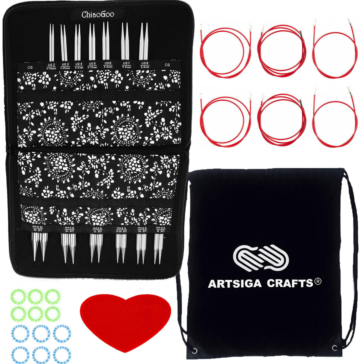ChiaoGoo Twist Red Lace 4-Inch Complete 7400-C Interchangeable Circular Knitting Needle Set, Sizes US 2, 3, 4, 5, 6, 7, 8, 9, 10, 10.5, 11, 13, 15 with 6 Cords with Project Bag ChiaoGoo